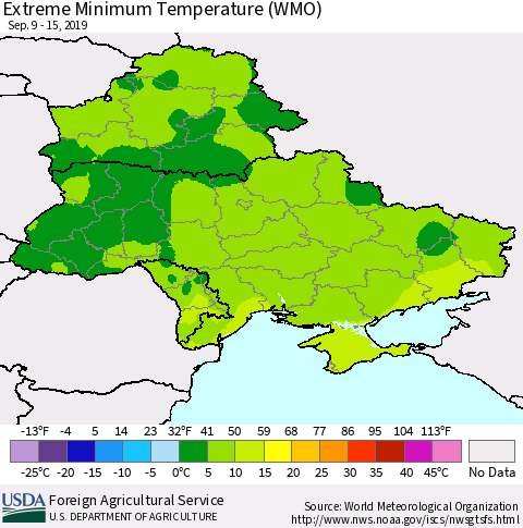 Ukraine, Moldova and Belarus Minimum Daily Temperature (WMO) Thematic Map For 9/9/2019 - 9/15/2019