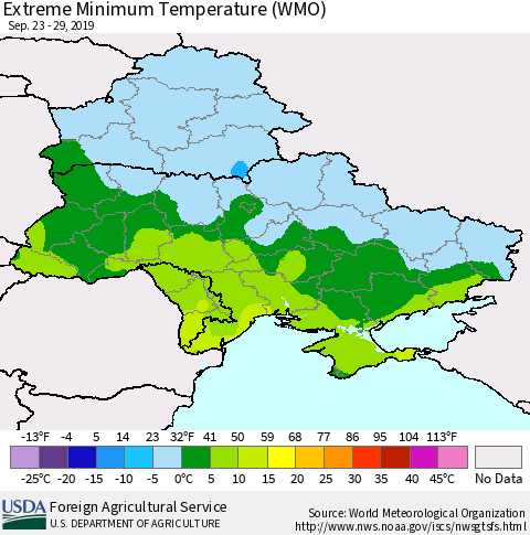 Ukraine, Moldova and Belarus Extreme Minimum Temperature (WMO) Thematic Map For 9/23/2019 - 9/29/2019