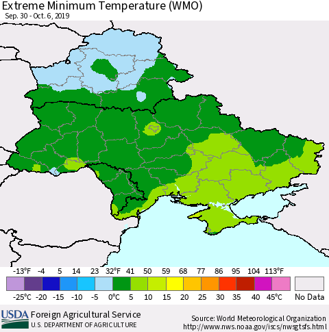 Ukraine, Moldova and Belarus Extreme Minimum Temperature (WMO) Thematic Map For 9/30/2019 - 10/6/2019