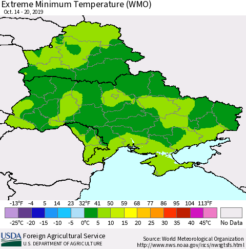 Ukraine, Moldova and Belarus Extreme Minimum Temperature (WMO) Thematic Map For 10/14/2019 - 10/20/2019