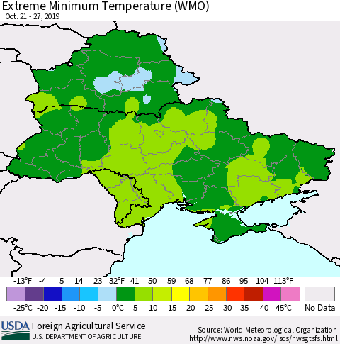 Ukraine, Moldova and Belarus Extreme Minimum Temperature (WMO) Thematic Map For 10/21/2019 - 10/27/2019