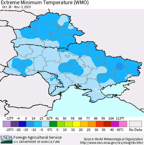 Ukraine, Moldova and Belarus Extreme Minimum Temperature (WMO) Thematic Map For 10/28/2019 - 11/3/2019