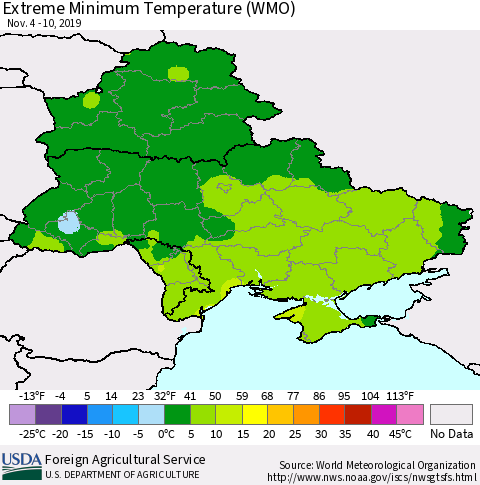Ukraine, Moldova and Belarus Extreme Minimum Temperature (WMO) Thematic Map For 11/4/2019 - 11/10/2019
