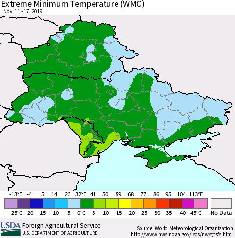 Ukraine, Moldova and Belarus Minimum Daily Temperature (WMO) Thematic Map For 11/11/2019 - 11/17/2019