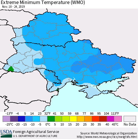 Ukraine, Moldova and Belarus Extreme Minimum Temperature (WMO) Thematic Map For 11/18/2019 - 11/24/2019
