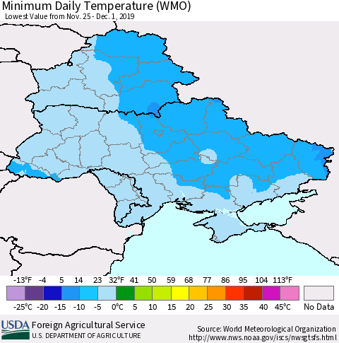Ukraine, Moldova and Belarus Minimum Daily Temperature (WMO) Thematic Map For 11/25/2019 - 12/1/2019