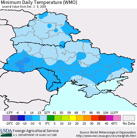 Ukraine, Moldova and Belarus Extreme Minimum Temperature (WMO) Thematic Map For 12/2/2019 - 12/8/2019