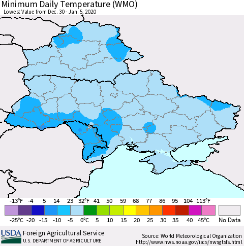 Ukraine, Moldova and Belarus Minimum Daily Temperature (WMO) Thematic Map For 12/30/2019 - 1/5/2020