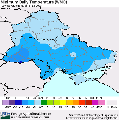 Ukraine, Moldova and Belarus Minimum Daily Temperature (WMO) Thematic Map For 1/6/2020 - 1/12/2020