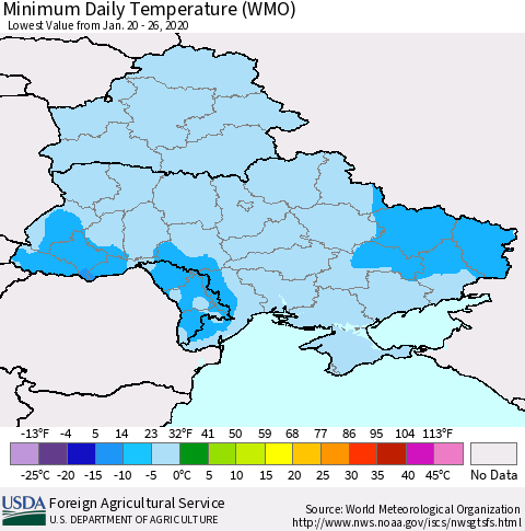 Ukraine, Moldova and Belarus Minimum Daily Temperature (WMO) Thematic Map For 1/20/2020 - 1/26/2020