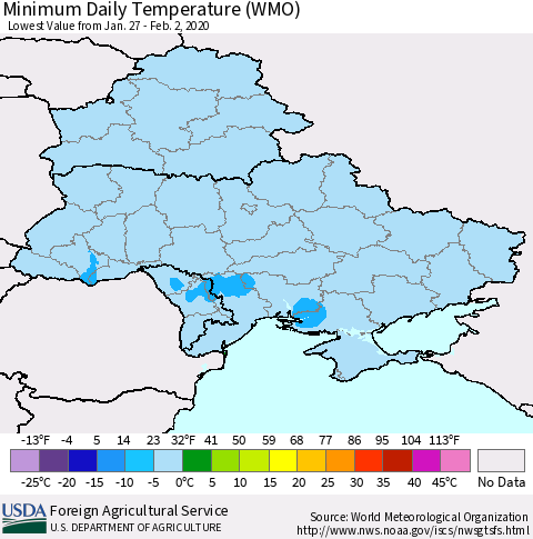 Ukraine, Moldova and Belarus Minimum Daily Temperature (WMO) Thematic Map For 1/27/2020 - 2/2/2020