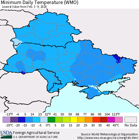 Ukraine, Moldova and Belarus Minimum Daily Temperature (WMO) Thematic Map For 2/3/2020 - 2/9/2020