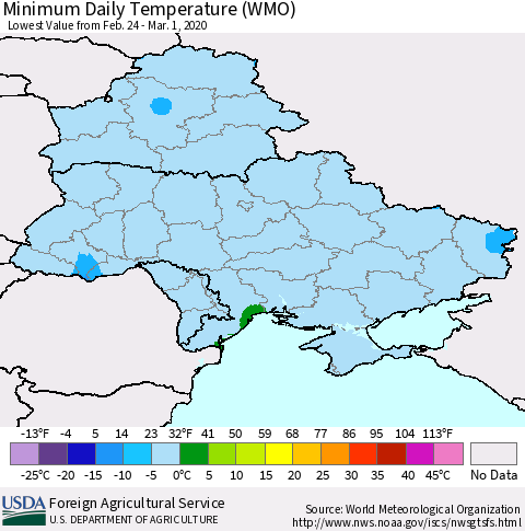 Ukraine, Moldova and Belarus Minimum Daily Temperature (WMO) Thematic Map For 2/24/2020 - 3/1/2020