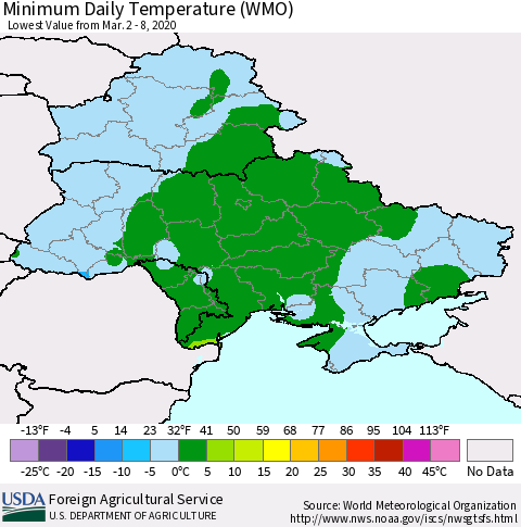 Ukraine, Moldova and Belarus Minimum Daily Temperature (WMO) Thematic Map For 3/2/2020 - 3/8/2020