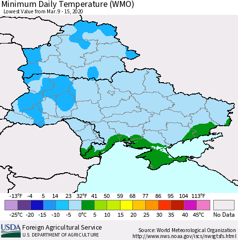 Ukraine, Moldova and Belarus Minimum Daily Temperature (WMO) Thematic Map For 3/9/2020 - 3/15/2020