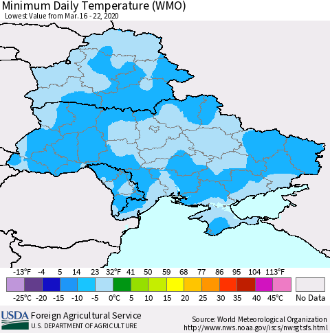 Ukraine, Moldova and Belarus Minimum Daily Temperature (WMO) Thematic Map For 3/16/2020 - 3/22/2020