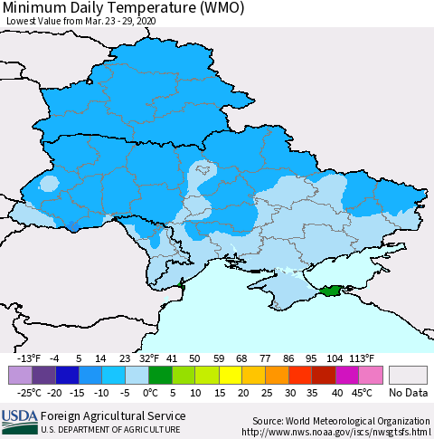 Ukraine, Moldova and Belarus Minimum Daily Temperature (WMO) Thematic Map For 3/23/2020 - 3/29/2020