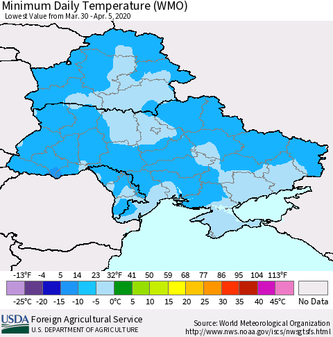 Ukraine, Moldova and Belarus Minimum Daily Temperature (WMO) Thematic Map For 3/30/2020 - 4/5/2020