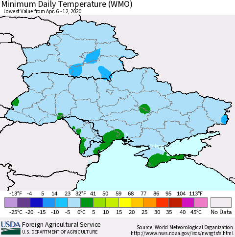 Ukraine, Moldova and Belarus Extreme Minimum Temperature (WMO) Thematic Map For 4/6/2020 - 4/12/2020