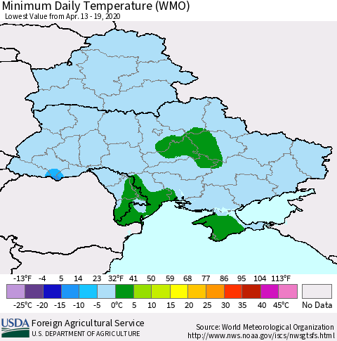 Ukraine, Moldova and Belarus Minimum Daily Temperature (WMO) Thematic Map For 4/13/2020 - 4/19/2020