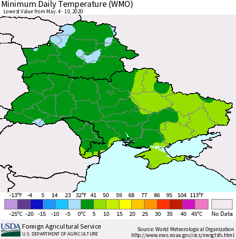 Ukraine, Moldova and Belarus Minimum Daily Temperature (WMO) Thematic Map For 5/4/2020 - 5/10/2020