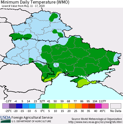 Ukraine, Moldova and Belarus Minimum Daily Temperature (WMO) Thematic Map For 5/11/2020 - 5/17/2020