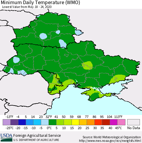 Ukraine, Moldova and Belarus Extreme Minimum Temperature (WMO) Thematic Map For 5/18/2020 - 5/24/2020