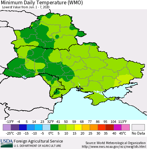 Ukraine, Moldova and Belarus Extreme Minimum Temperature (WMO) Thematic Map For 6/1/2020 - 6/7/2020