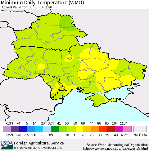 Ukraine, Moldova and Belarus Minimum Daily Temperature (WMO) Thematic Map For 6/8/2020 - 6/14/2020