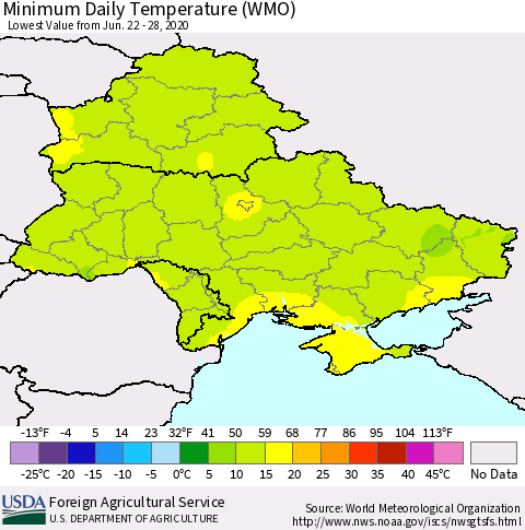 Ukraine, Moldova and Belarus Minimum Daily Temperature (WMO) Thematic Map For 6/22/2020 - 6/28/2020