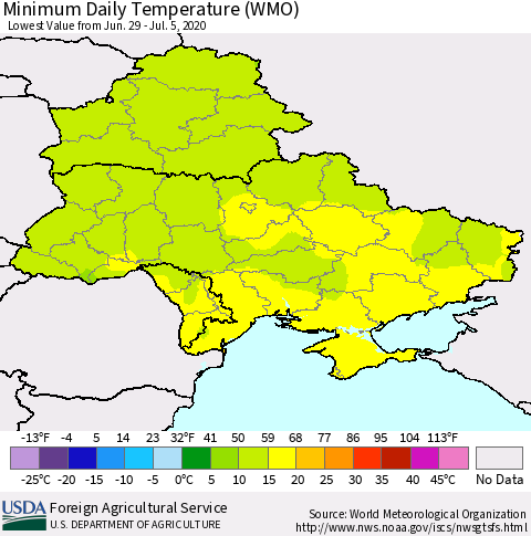Ukraine, Moldova and Belarus Minimum Daily Temperature (WMO) Thematic Map For 6/29/2020 - 7/5/2020