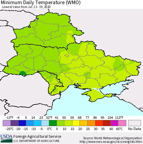 Ukraine, Moldova and Belarus Extreme Minimum Temperature (WMO) Thematic Map For 7/13/2020 - 7/19/2020