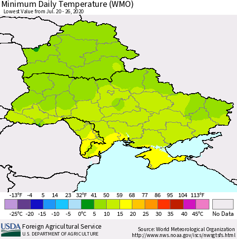 Ukraine, Moldova and Belarus Minimum Daily Temperature (WMO) Thematic Map For 7/20/2020 - 7/26/2020
