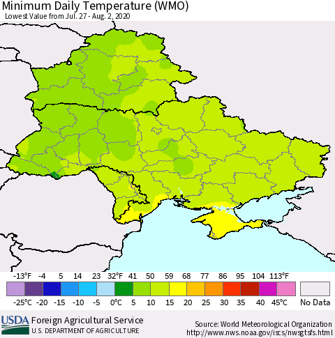 Ukraine, Moldova and Belarus Minimum Daily Temperature (WMO) Thematic Map For 7/27/2020 - 8/2/2020