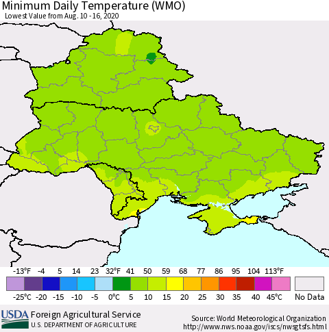 Ukraine, Moldova and Belarus Minimum Daily Temperature (WMO) Thematic Map For 8/10/2020 - 8/16/2020