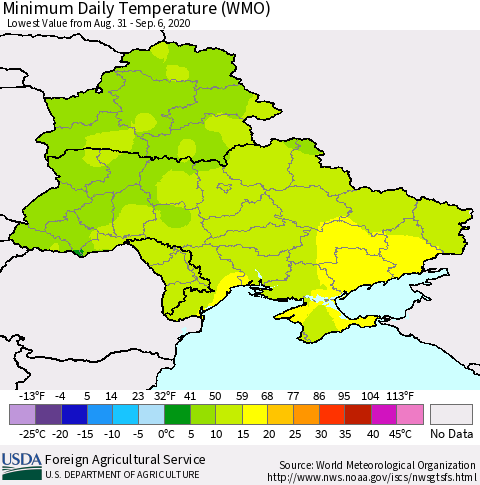 Ukraine, Moldova and Belarus Extreme Minimum Temperature (WMO) Thematic Map For 8/31/2020 - 9/6/2020