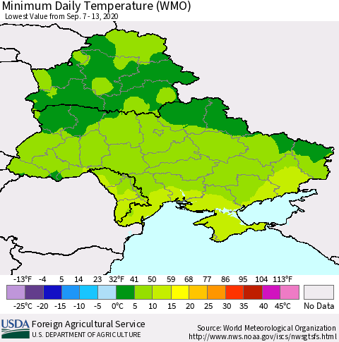 Ukraine, Moldova and Belarus Extreme Minimum Temperature (WMO) Thematic Map For 9/7/2020 - 9/13/2020