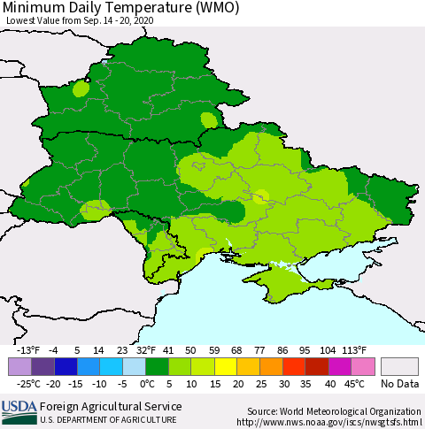 Ukraine, Moldova and Belarus Minimum Daily Temperature (WMO) Thematic Map For 9/14/2020 - 9/20/2020