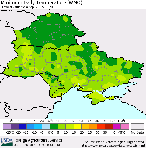 Ukraine, Moldova and Belarus Minimum Daily Temperature (WMO) Thematic Map For 9/21/2020 - 9/27/2020
