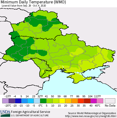 Ukraine, Moldova and Belarus Minimum Daily Temperature (WMO) Thematic Map For 9/28/2020 - 10/4/2020