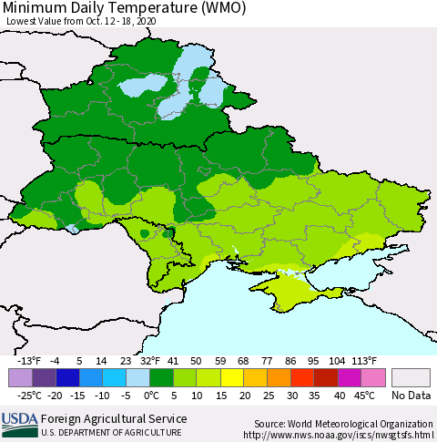 Ukraine, Moldova and Belarus Extreme Minimum Temperature (WMO) Thematic Map For 10/12/2020 - 10/18/2020
