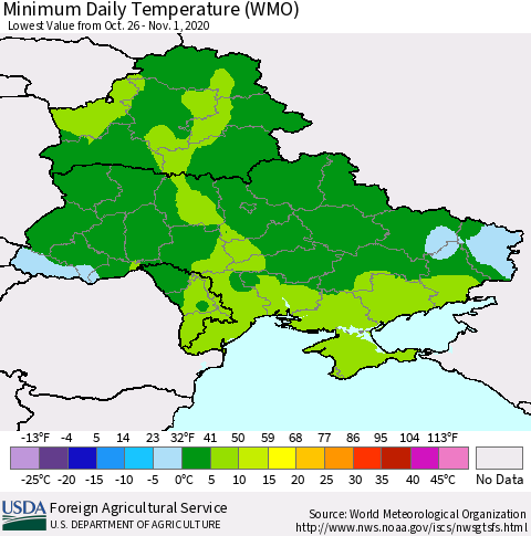 Ukraine, Moldova and Belarus Minimum Daily Temperature (WMO) Thematic Map For 10/26/2020 - 11/1/2020