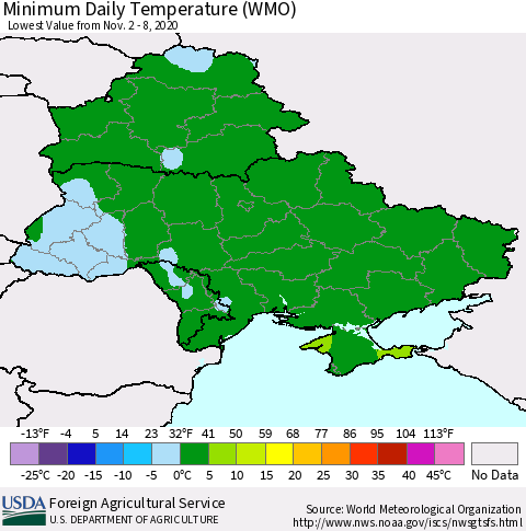 Ukraine, Moldova and Belarus Minimum Daily Temperature (WMO) Thematic Map For 11/2/2020 - 11/8/2020