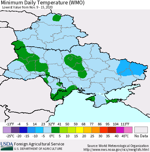 Ukraine, Moldova and Belarus Minimum Daily Temperature (WMO) Thematic Map For 11/9/2020 - 11/15/2020