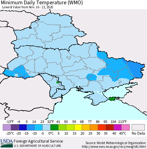 Ukraine, Moldova and Belarus Minimum Daily Temperature (WMO) Thematic Map For 11/16/2020 - 11/22/2020