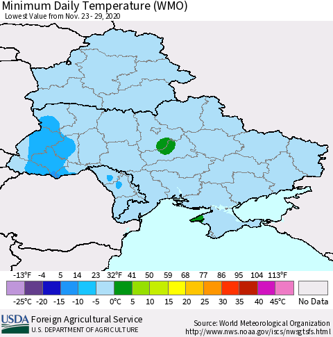Ukraine, Moldova and Belarus Extreme Minimum Temperature (WMO) Thematic Map For 11/23/2020 - 11/29/2020