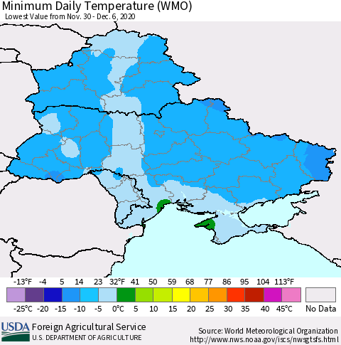 Ukraine, Moldova and Belarus Extreme Minimum Temperature (WMO) Thematic Map For 11/30/2020 - 12/6/2020