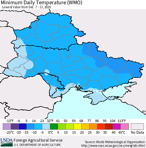 Ukraine, Moldova and Belarus Extreme Minimum Temperature (WMO) Thematic Map For 12/7/2020 - 12/13/2020