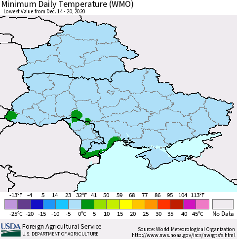 Ukraine, Moldova and Belarus Extreme Minimum Temperature (WMO) Thematic Map For 12/14/2020 - 12/20/2020