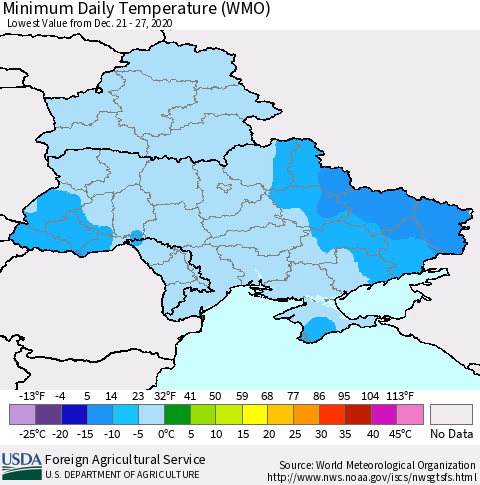 Ukraine, Moldova and Belarus Extreme Minimum Temperature (WMO) Thematic Map For 12/21/2020 - 12/27/2020